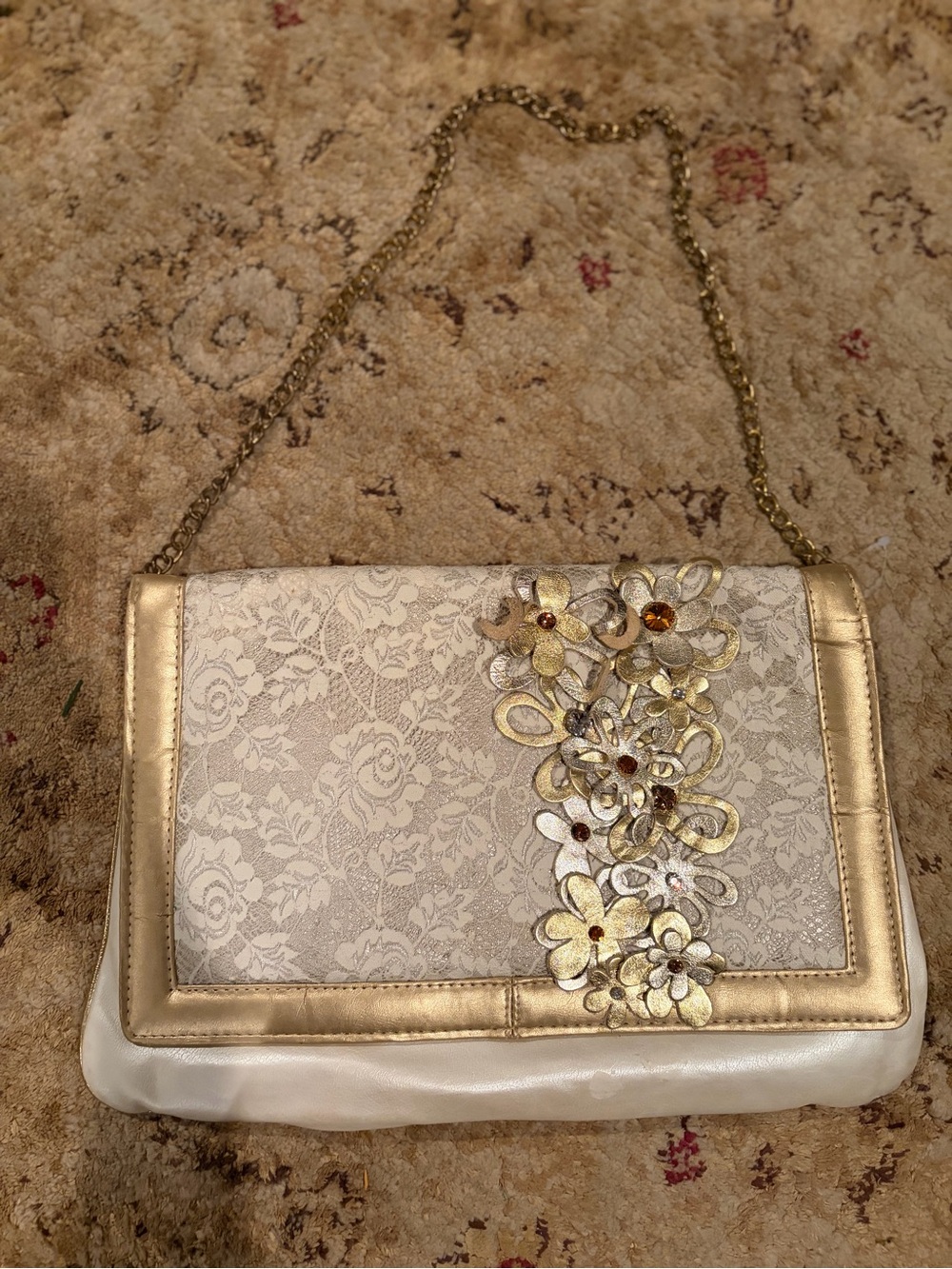 Tamara's Bags Elegant Gold & Cream Floral Appliqué Shoulder Bag 3D unique